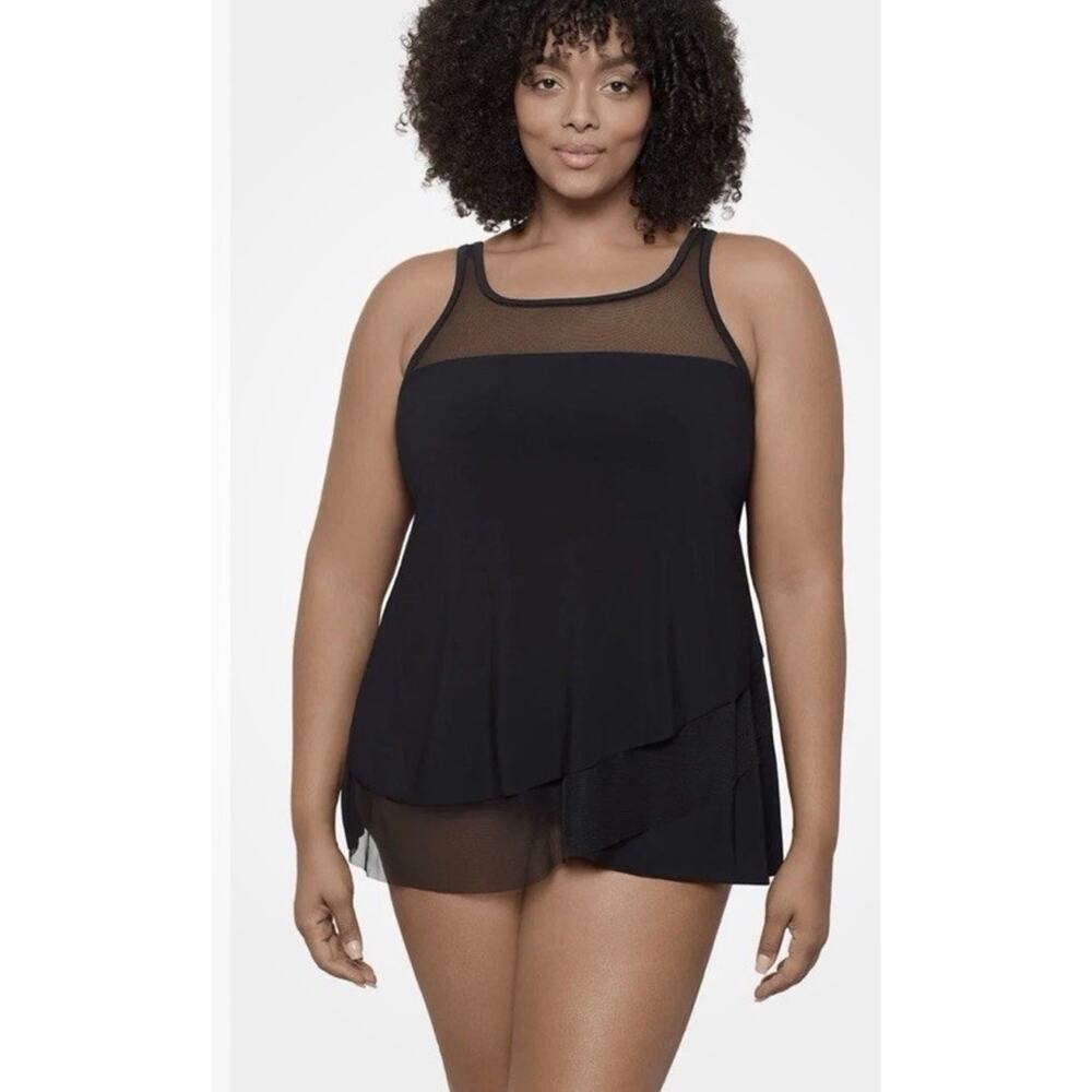 NWT Miraclesuit Size 20W Illusionist Mirage Tankini Top Swimsuit Black Underwire